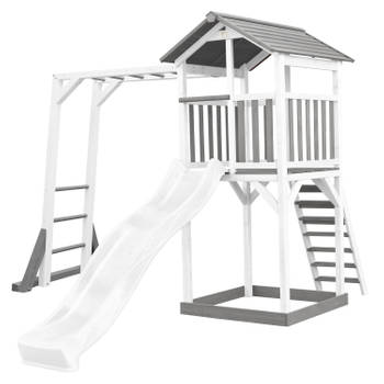 AXI Beach Tower Speeltoestel van hout in Grijs en Wit Speeltoren met zandbak, klimrek en witte glijbaan
