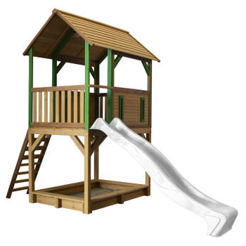 AXI Pumba Speelhuis op palen, zandbak & witte glijbaan Speelhuisje voor de tuin / buiten in bruin & groen van FSC hout