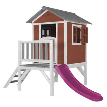 AXI Speelhuis Beach Lodge XL Rood met paarse glijbaan Speelhuis op palen met veranda gemaakt van FSC hout