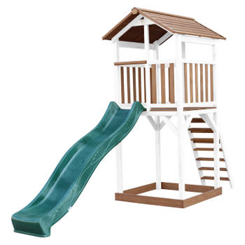AXI Beach Tower Speeltoestel van hout in Bruin en Wit Speeltoren met zandbak en groene glijbaan
