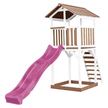AXI Beach Tower Speeltoestel van hout in Bruin en Wit Speeltoren met zandbak en paarse glijbaan
