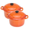 Set van 2x stuks mini stoofpannetjes/ovenschaaltjes met deksel oranje 9 cm van porselein - Ovenschalen