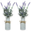 2x stuks paarse Lavendula/lavendel kunstplant 32 cm in witte pot - Kunstplanten