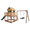 AXI Liam Speelhuis op palen, zandbak, groene glijbaan & nestschommel Speelhuisje voor de tuin / buiten in bruin &