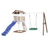 AXI Beach Tower Speeltoestel van hout in Bruin en Wit Speeltoren met zandbak, nestschommel en blauwe glijbaan