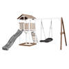 AXI Beach Tower Speeltoestel van hout in Bruin en Wit Speeltoren met zandbak, nestschommel en grijze glijbaan