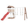 AXI Beach Tower Speeltoestel van hout in Bruin en Wit Speeltoren met zandbak, dubbele schommel en rode glijbaan