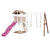 AXI Beach Tower Speeltoestel van hout in Bruin en Wit Speeltoren met zandbak, dubbele schommel en paarse glijbaan