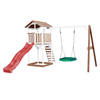 AXI Beach Tower Speeltoestel van hout in Bruin en Wit Speeltoren met zandbak, nestschommel en rode glijbaan