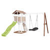 AXI Beach Tower Speeltoestel van hout in Bruin en Wit Speeltoren met zandbak, nestschommel en limoen groene glijbaan
