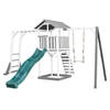 AXI Beach Tower Speeltoestel van hout in Grijs en Wit Speeltoren met zandbak, klimrek, schommel en groene glijbaan