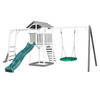 AXI Beach Tower Speeltoestel van hout in Grijs en Wit Speeltoren met zandbak, klimrek, nestschommel en groene glijbaan