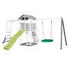 AXI Beach Tower Speeltoestel van hout in Grijs en Wit Speeltoren met zandbak, klimrek, nestschommel en limoen groene