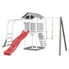AXI Beach Tower Speeltoestel van hout in Grijs en Wit Speeltoren met zandbak, klimrek, schommel en rode glijbaan