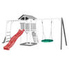 AXI Beach Tower Speeltoestel van hout in Grijs en Wit Speeltoren met zandbak, klimrek, nestschommel en rode glijbaan