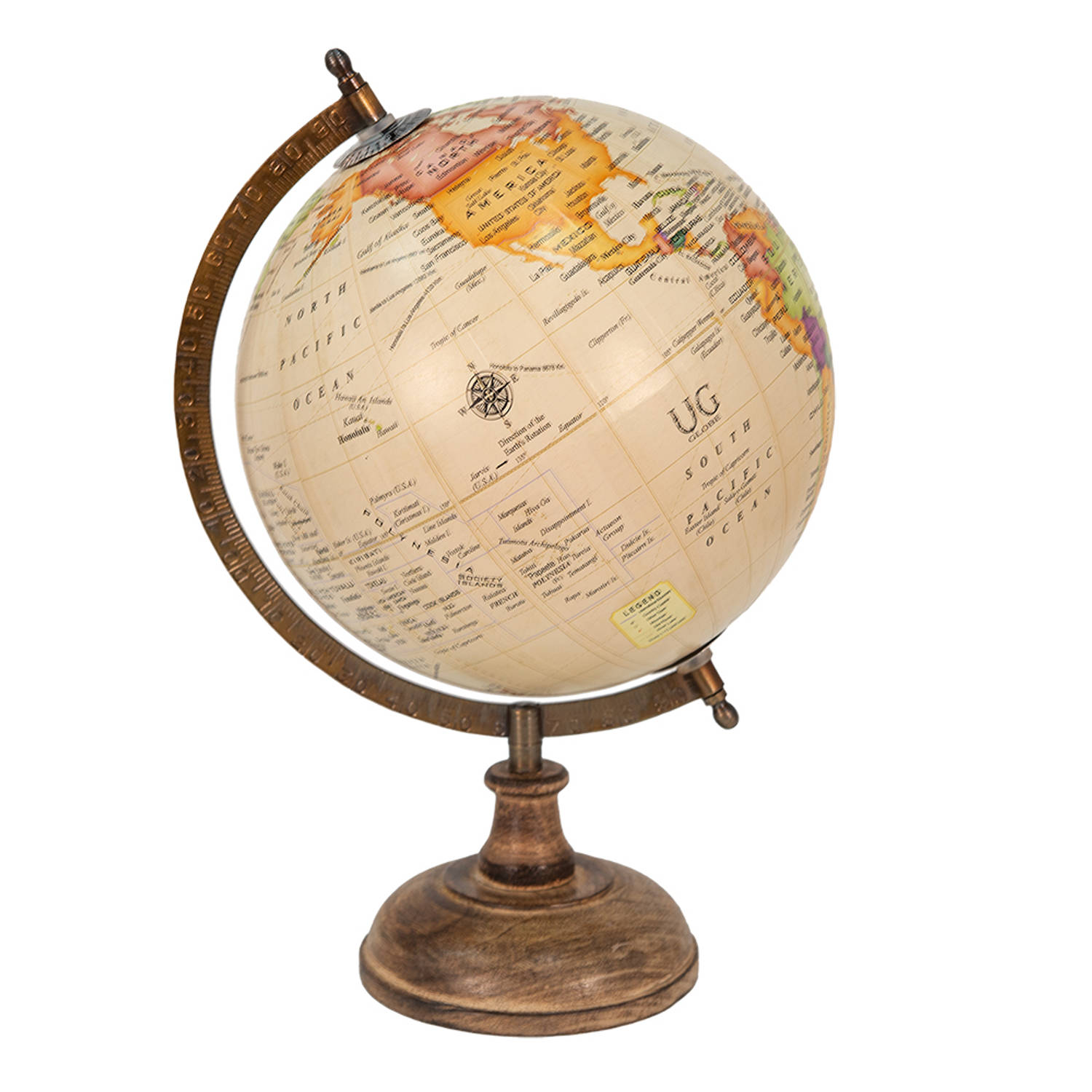 Clayre & Eef Wereldbol Decoratie 22*22*37 Cm Beige, Bruin Hout, Ijzer Rond Globe Aardbol Beige Globe