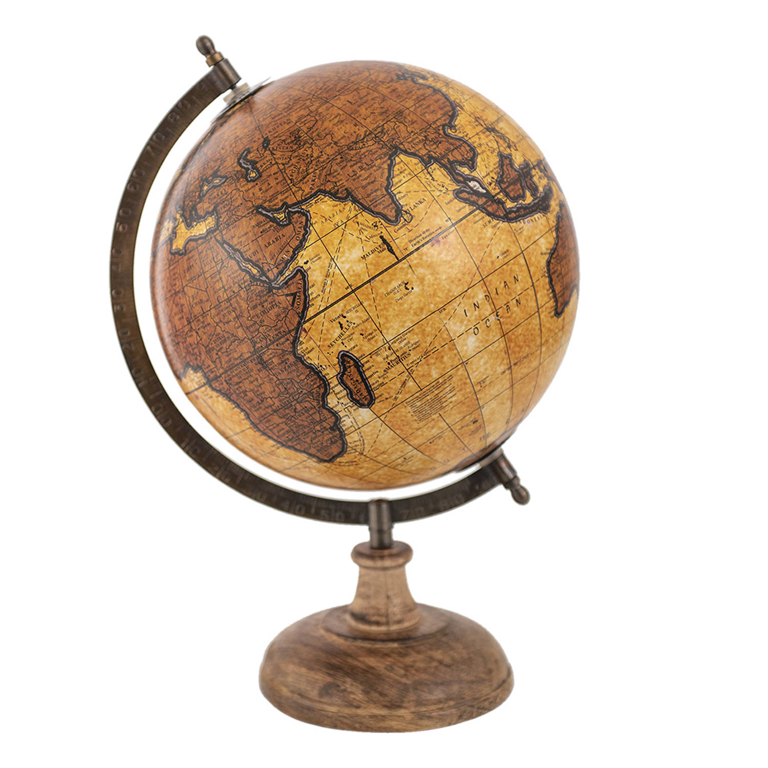 Clayre & Eef Wereldbol Decoratie 22*22*37 Cm Bruin, Beige Hout, Metaal De Wereld Globe Aardbol Bruin