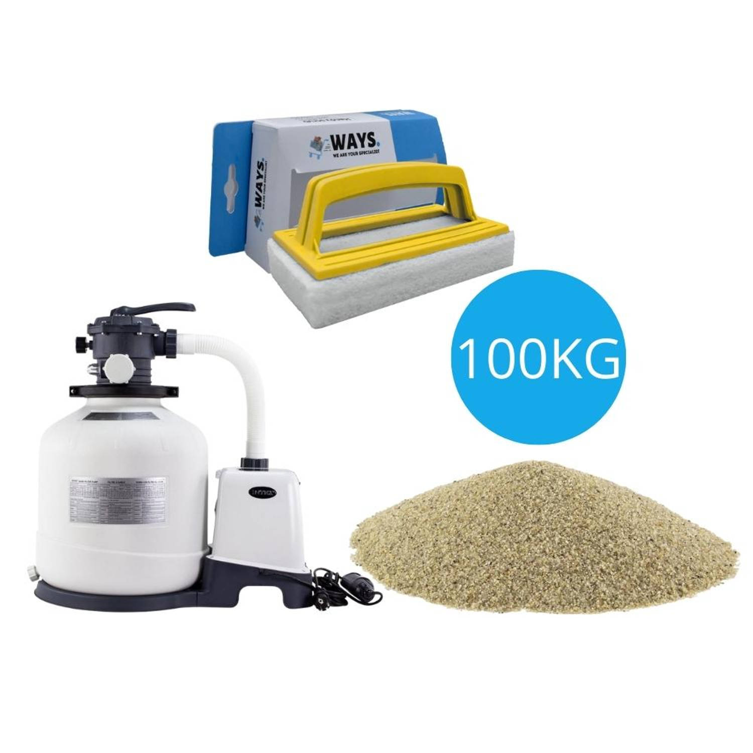Intex - Zandfilterpomp 3500 L/u & Filterzand 100 kg & WAYS Scrubborstel