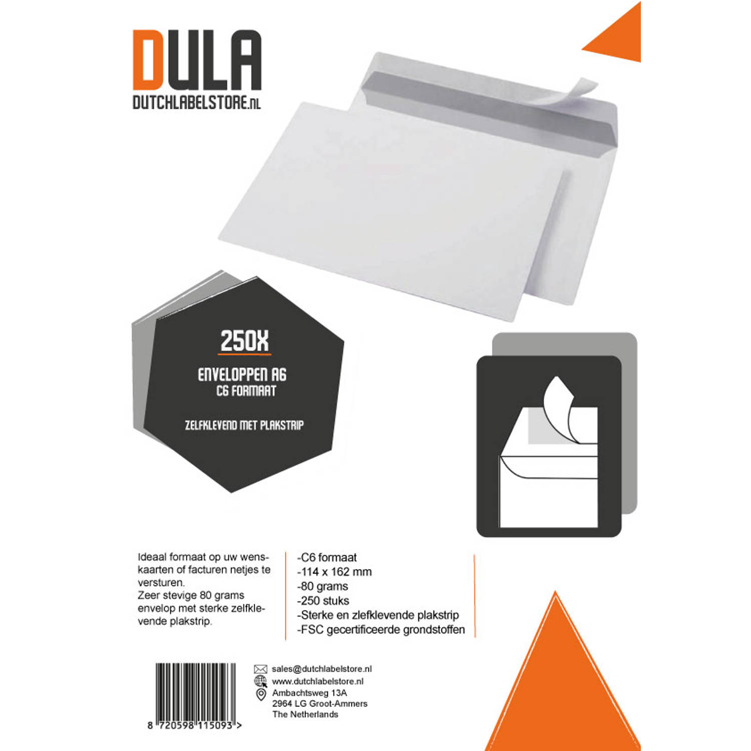 gespannen element Misverstand DULA - C6 Enveloppen A6 formaat wit - 114 x 162 mm - 250 stuks -  Zelfklevend met plakstrip - 80 Gram | Blokker