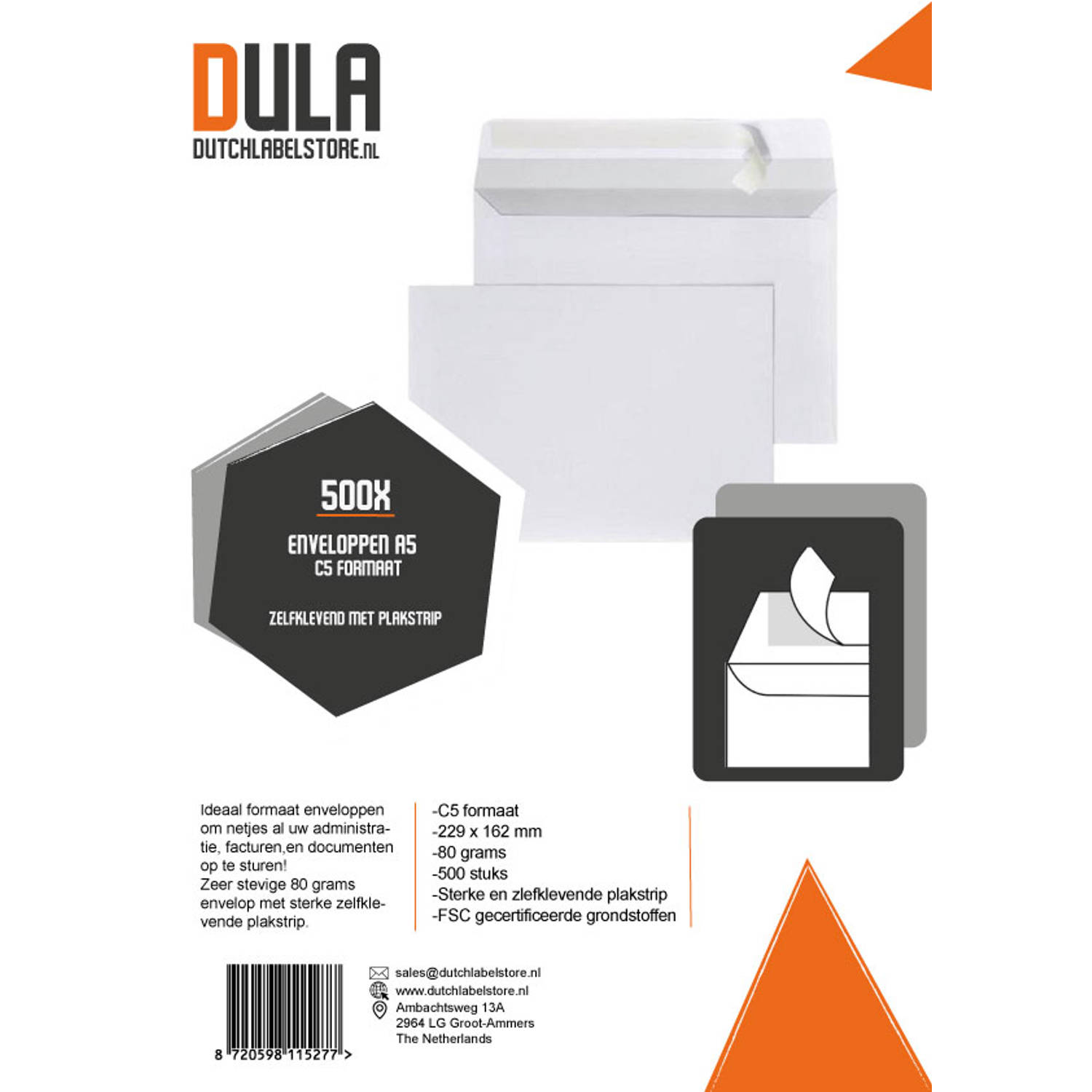 hemel Aanpassing Geleend DULA - C5 Enveloppen A5 formaat wit - 229 x 162 mm - 500 stuks -  Zelfklevend met plakstrip - 80 Gram | Blokker