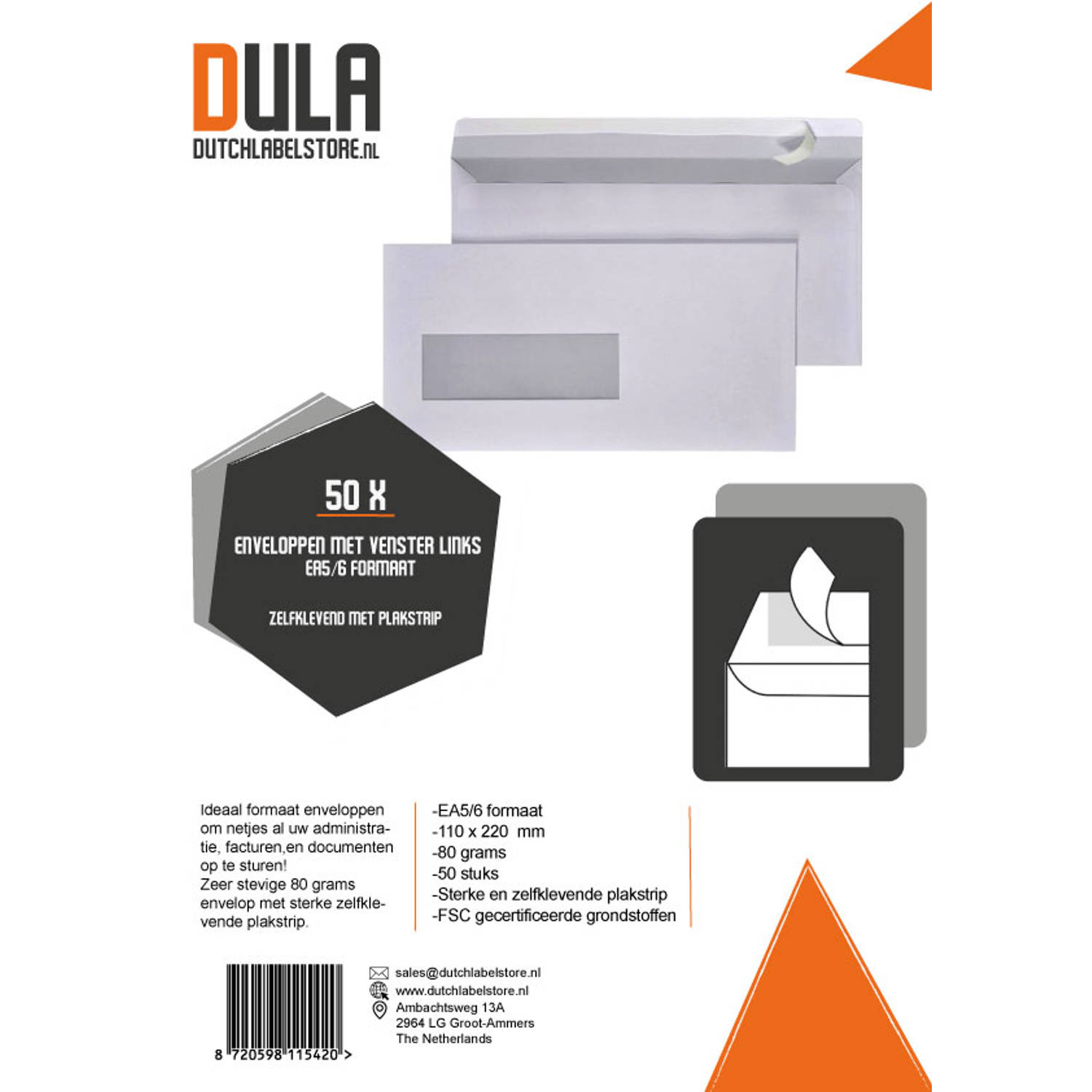 DULA - EA5/6 Enveloppen - 110 x 220 mm - Venster links - 50 Stuks - Zelfklevend met plakstrip - 80 gram |