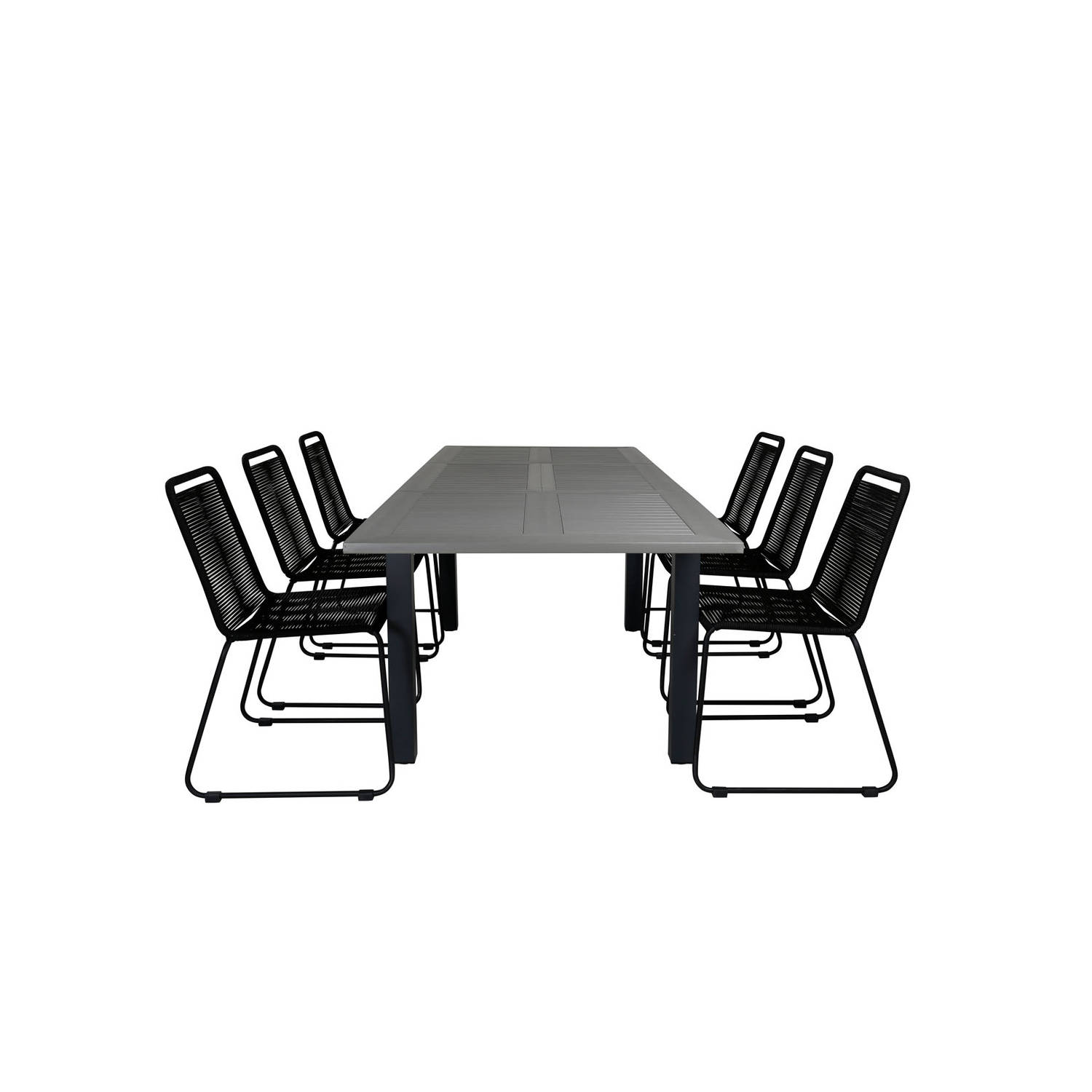 Albany tuinmeubelset tafel 100x160/240cm en 6 stoel stapel Lindos zwart, grijs.