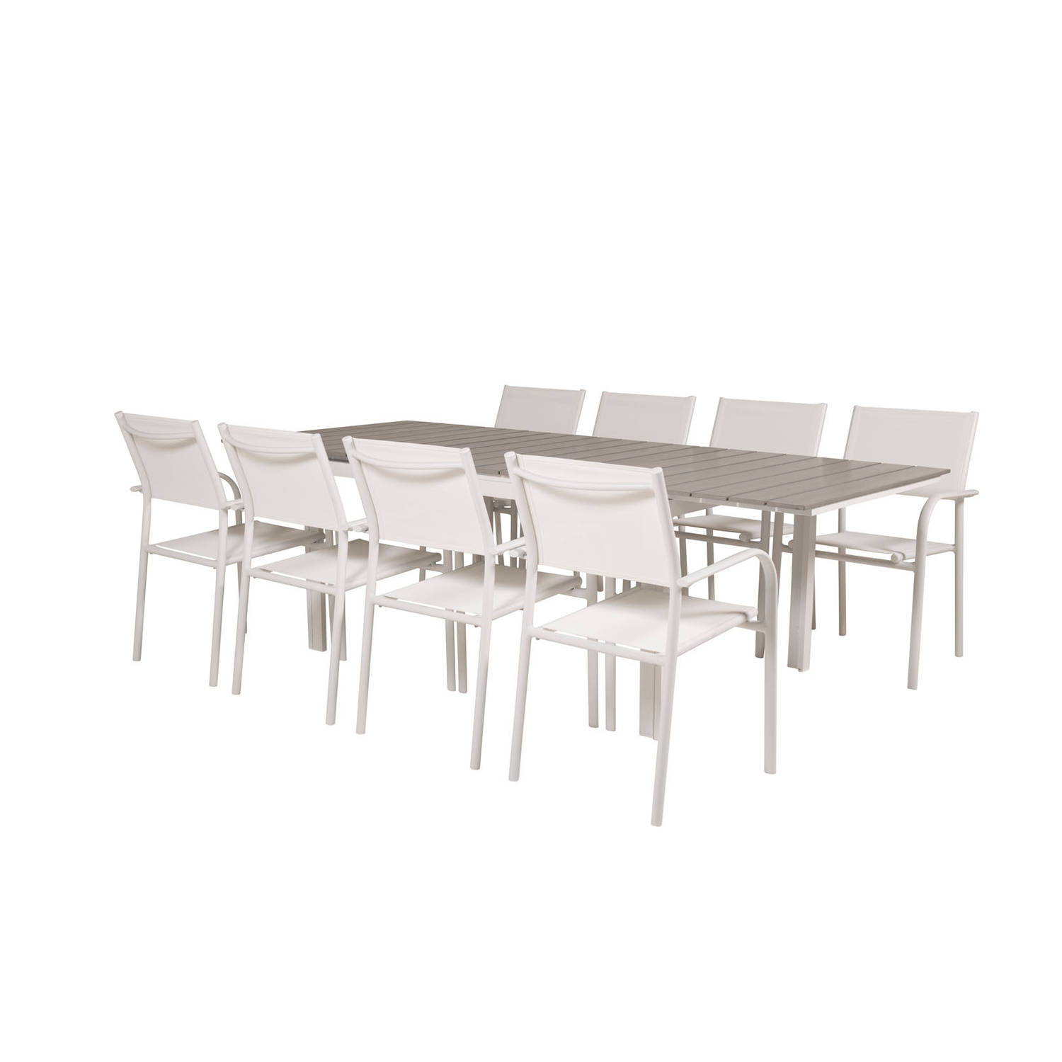 Levels tuinmeubelset tafel 100x160/240cm en 8 stoel Santorini wit, grijs.