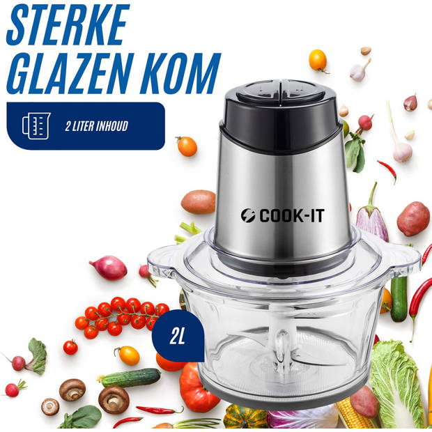 COOK-IT Hakmolen Elektrisch - Glazen 2L Kom XL - 500W Extra Sterk