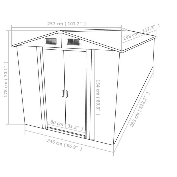 vidaXL Tuinschuur 257x298x178 cm metaal grijs