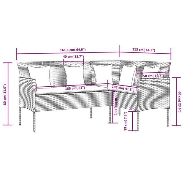 The Living Store Loungebank L-vormig - 161.5 x 113 x 80 cm - Bruin - Crèmewit - PE-rattan - gepoedercoat staal - Met
