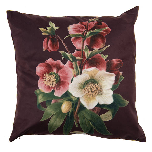 Clayre & Eef Kussenhoes 45x45 cm Bruin Rood Polyester Vierkant Bloemen Sierkussenhoes Bruin Sierkussenhoes