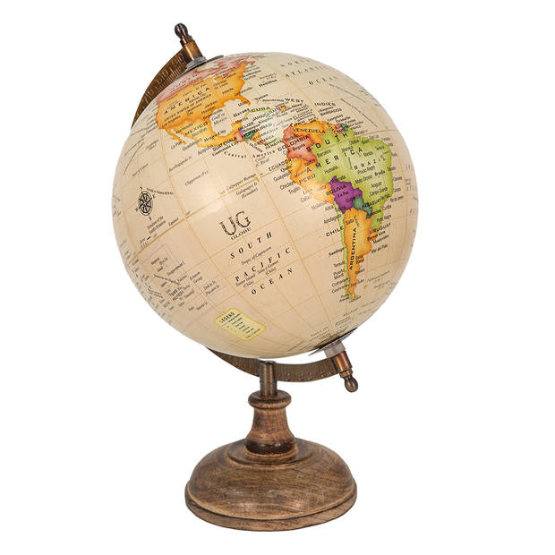 Clayre & Eef Wereldbol 22x37 cm Beige Bruin Hout Ijzer Rond Globe Beige Globe
