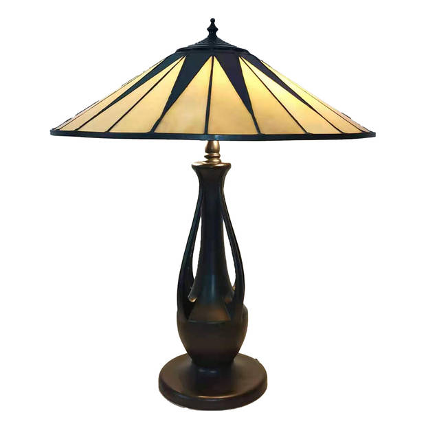 LumiLamp Tiffany Tafellamp Ø 48x60 cm Beige Bruin Glas Kunststof Rond Tiffany Bureaulamp Beige Tiffany Bureaulamp