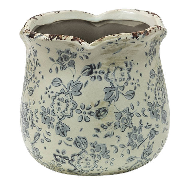 HAES DECO - Bloempot Ø 12x12 cm Grijs Beige Keramiek Bloemen Bloempot binnen Plantenpot Plant pot