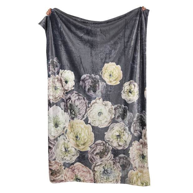Clayre & Eef Plaid 130x180 cm Zwart Geel Polyester Rechthoek Bloemen Deken Zwart Deken