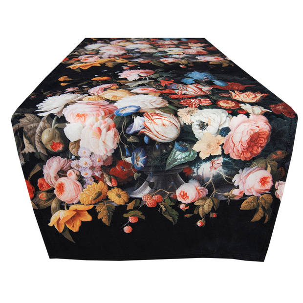 Clayre & Eef Tafelloper 35x180 cm Zwart Rood Polyester Bloemen Tafelkleed Zwart Tafelkleed