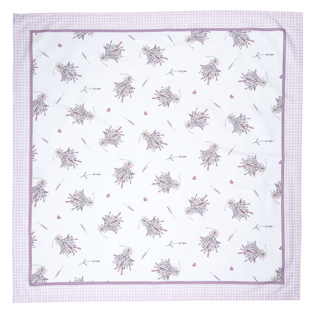 Clayre & Eef Tafelkleed 150x150 cm Wit Paars Katoen Vierkant Lavendel Tafellaken Wit Tafellaken