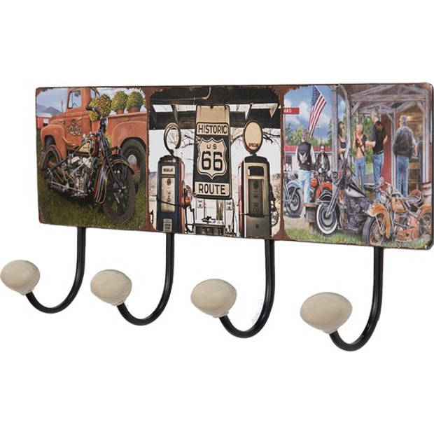 Clayre & Eef Wandkapstok 40x5x17 cm Zwart Rood Ijzer Motor Route 66 Zwart