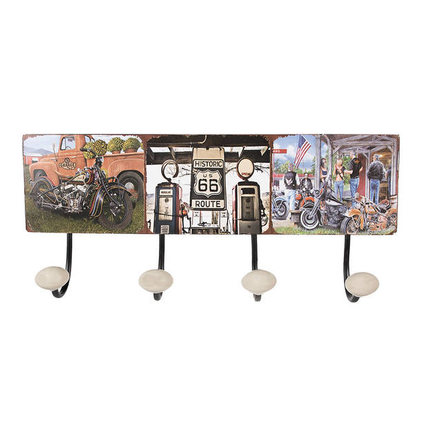 Clayre & Eef Wandkapstok 40x5x17 cm Zwart Rood Ijzer Motor Route 66 Zwart