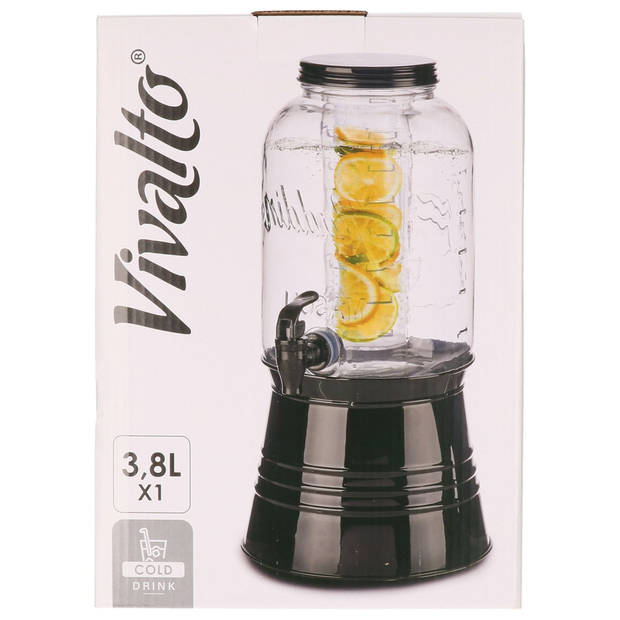 Glazen drankdispenser/limonadetap op voet met zwarte kleur dop/voet/tap 3.8 liter - Drankdispensers