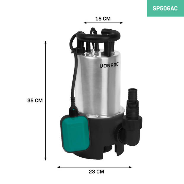 VONROC Dompelpomp RVS - Waterpomp – 1100W – 20000 l/h – Voor vuil- en schoonwater – Met vlotter
