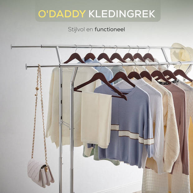 O'DADDY® Kledingrek - Garderoberek - Dubbele stang - Uitschuifbaar en Verstelbaar - Stabiel - 110 kg - Metaal - Zilver