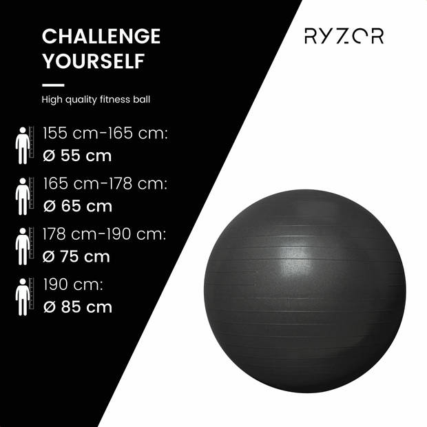 RYZOR Fitness/gym bal - 65 CM - Zwart