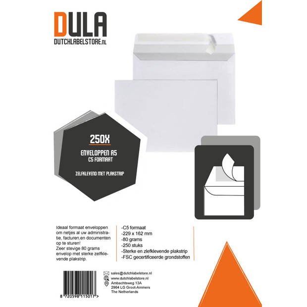 DULA - C5 Enveloppen A5 formaat wit - 229 x 162 mm - 250 stuks - Zelfklevend met plakstrip - 80 Gram
