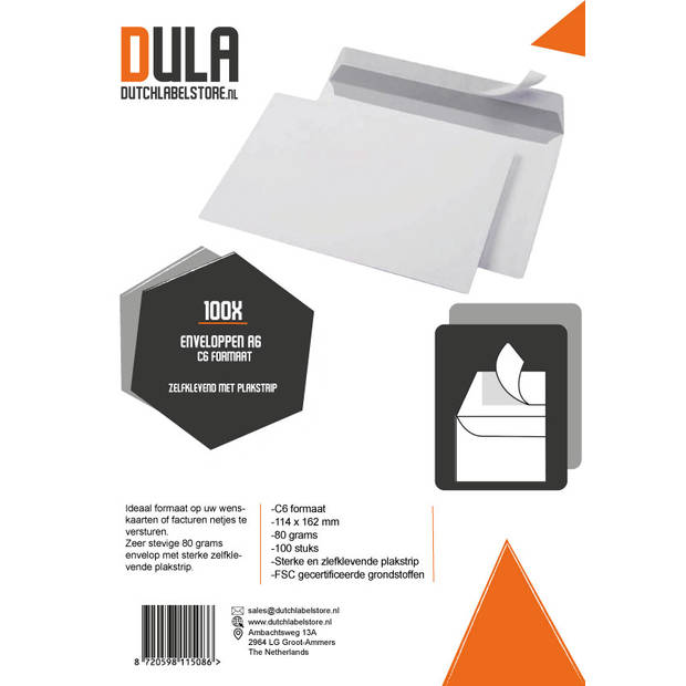 DULA - C6 Enveloppen A6 formaat wit - 114 x 162 mm - 100 stuks - Zelfklevend met plakstrip - 80 Gram