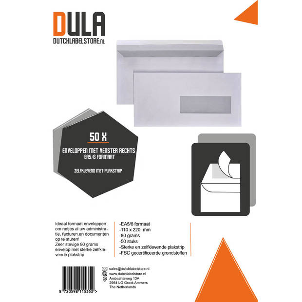 DULA - EA5/6 Enveloppen - 110 x 220 mm - Venster rechts - 50 Stuks - Zelfklevend met plakstrip - 80 gram