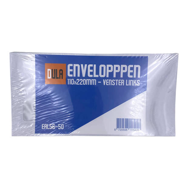 DULA - EA5/6 Enveloppen - 110 x 220 mm - Venster links - 50 Stuks - Zelfklevend met plakstrip - 80 gram