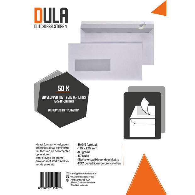 DULA - EA5/6 Enveloppen - 110 x 220 mm - Venster links - 50 Stuks - Zelfklevend met plakstrip - 80 gram