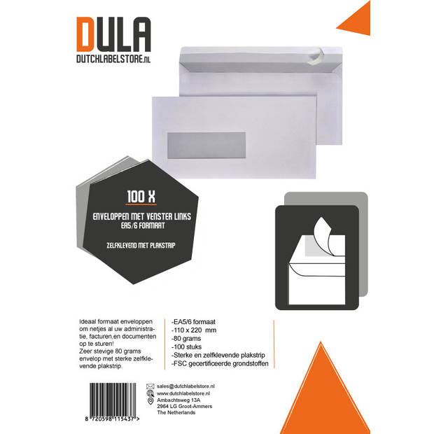 DULA - EA5/6 Enveloppen - 110 x 220 mm - Venster links - 100 Stuks - Zelfklevend met plakstrip - 80 gram