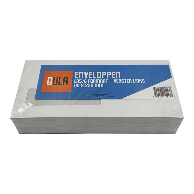 DULA - EA5/6 Enveloppen - 110 x 220 mm - Venster links - 100 Stuks - Zelfklevend met plakstrip - 80 gram